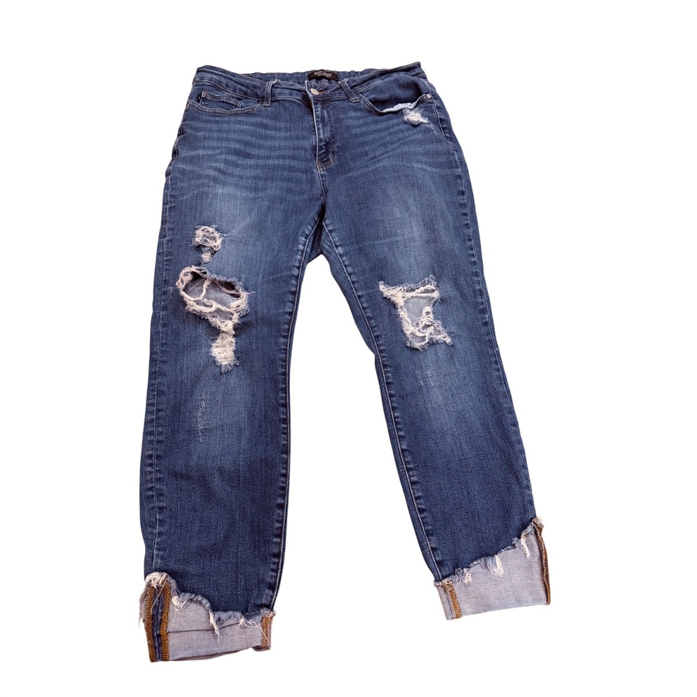 Judy Blue Denim Distressed Jeans Medium Wash Raw Hem Frayed Cuff